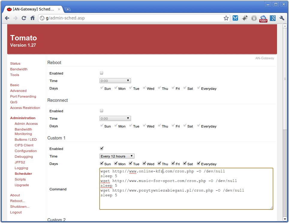 WRT54GL with tomato 1.27 firmware and a custom script as cronjob for drupal